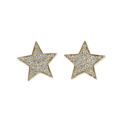 18K Yellow Gold Natural Diamond Pave Star Stud Earrings.