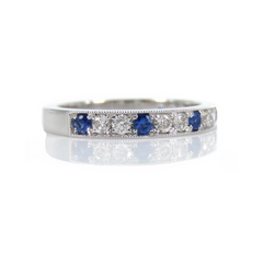 Diamonds & Blue Sapphires Half-eternity Band - Milgrain Edges - Edwardian Inspired