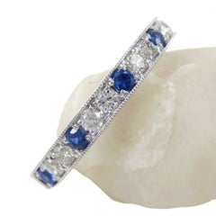 Diamonds & Blue Sapphires Half-eternity Band - Milgrain Edges - Edwardian Inspired
