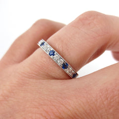 Diamonds & Blue Sapphires Half-eternity Band - Milgrain Edges - Edwardian Inspired