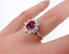 Oval Ruby and Diamond Halo Ring, 18K White Gold
