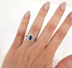 Oval Sapphire and Diamond Halo Ring, 18K White Gold