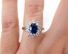Oval Sapphire and Diamond Halo Ring, 18K White Gold
