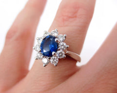 Oval Sapphire and Diamond Halo Ring, 18K White Gold