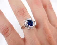 Oval Sapphire and Diamond Halo Ring, 18K White Gold