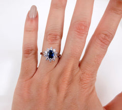 Oval Sapphire and Diamond Halo Ring, 18K White Gold