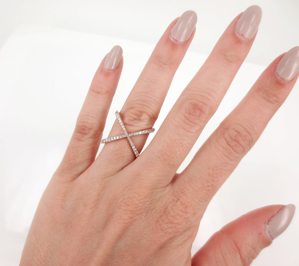 Diamond Pave Criss cross X Ring in 18k Rose Gold Zina Tahiri Inc