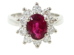 Oval Ruby and Diamond Halo Ring, 18K White Gold