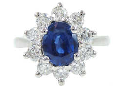 Oval Sapphire and Diamond Halo Ring, 18K White Gold