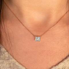 GIA 0.46 Carat Bezel Princess Cut Diamond Necklace -  14K Rose Gold