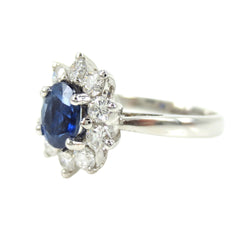 Oval Sapphire and Diamond Halo Ring, 18K White Gold