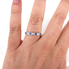 Diamonds & Blue Sapphires Half-eternity Band - Milgrain Edges - Edwardian Inspired