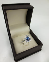 Oval Sapphire and Diamond Halo Ring, 18K White Gold