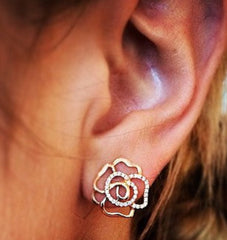 18K Rose Gold Pavé Diamond Open Flower Earrings.