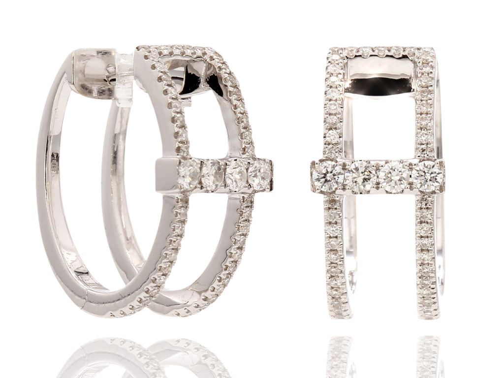 18K White Gold Double Row Diamond Huggies Earrings