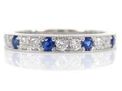 Diamonds & Blue Sapphires Half-eternity Band - Milgrain Edges - Edwardian Inspired
