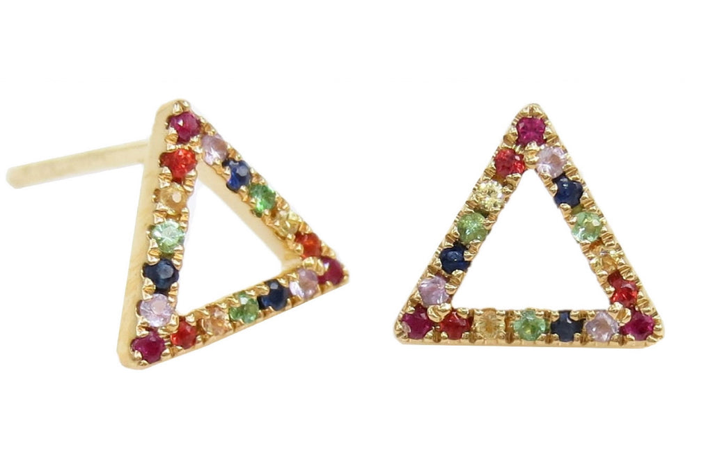 Rainbow Sapphires Open Triangle Stud Earrings - 18K Yellow Gold