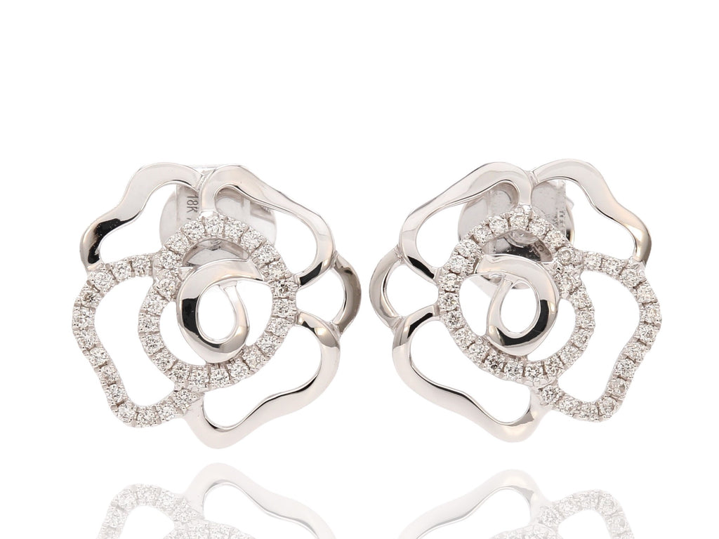 18K White Gold Pavé Diamond Open Flower Earrings.