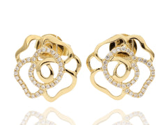 18K Yellow Gold Diamond Pavé Open Flower Earrings.